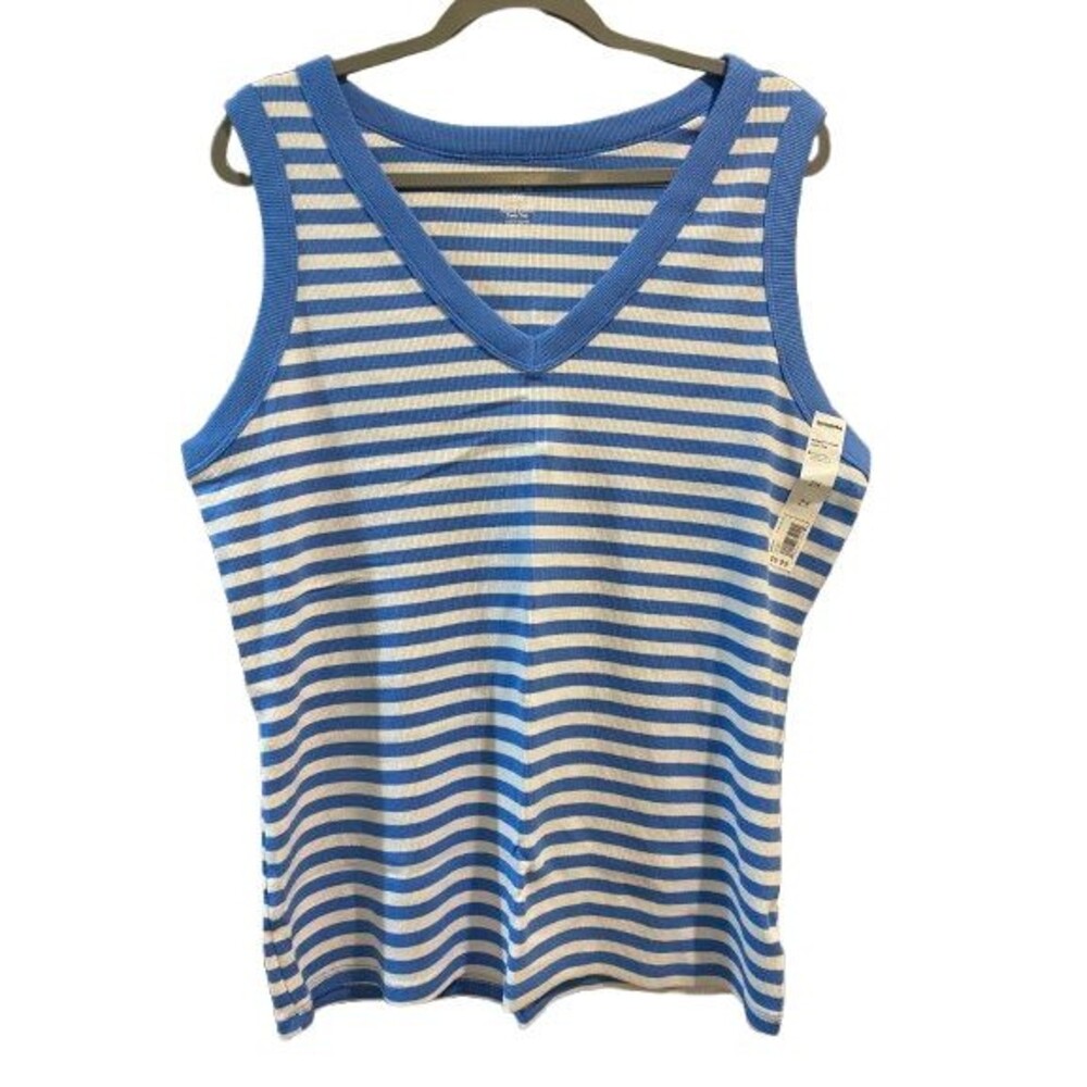 Women's 2X Tank Top Ribbed V-neck Sonoma Blue Stripe Pullover Sleeveless